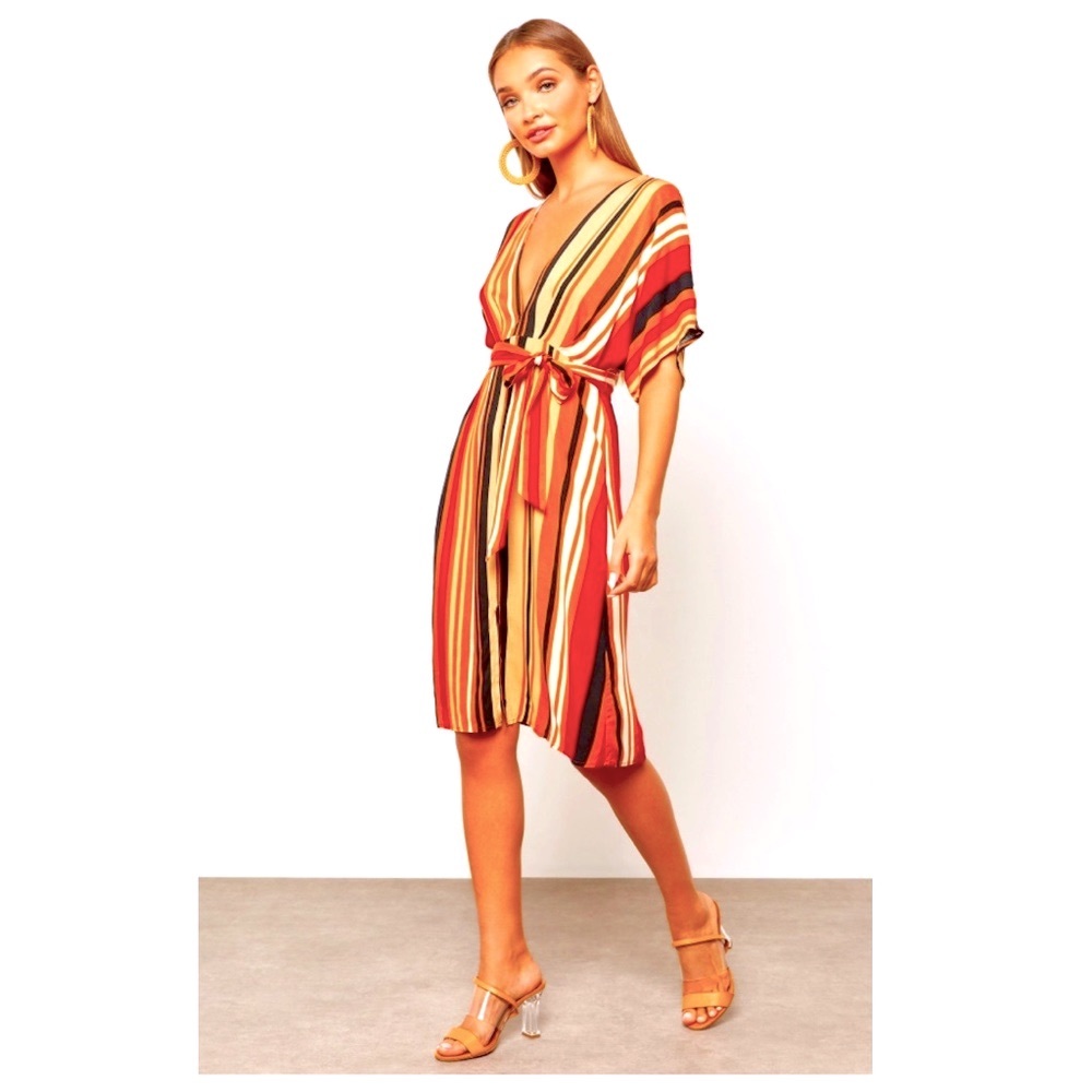Beautiful Multicolored Belted Midi Boho Dress